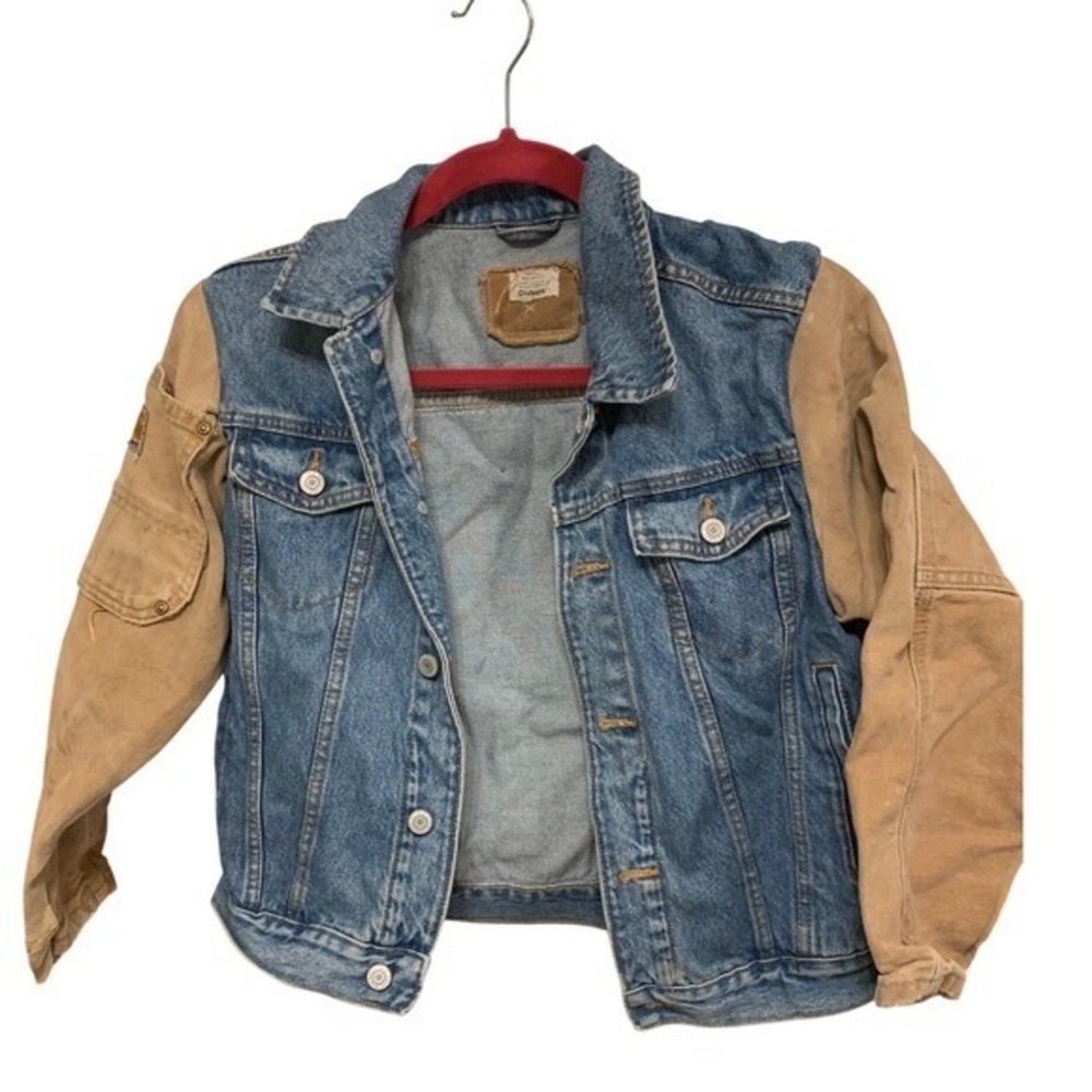 HANDMADE patchwork Carhartt Denim Jacket Tan Canvas Sleeve Workwear Style Size S